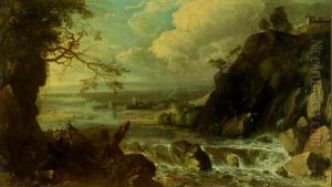 An Extensive River Landscape With Peasants On A Track By A Waterfall, A Town Beyond by Gerard Van Edema