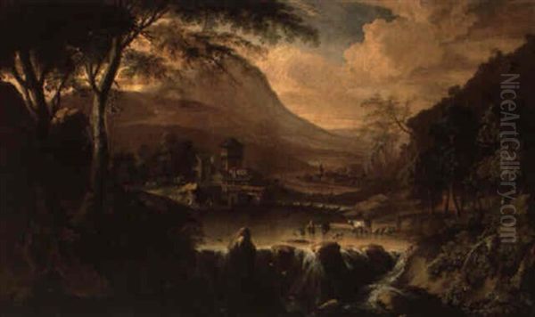 Gebirgslandschaft Mit Einem Dorf An Einem Wasserfall - view 1