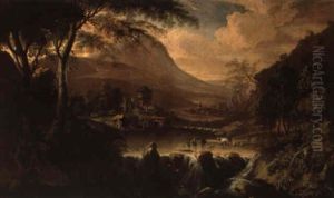 Gebirgslandschaft Mit Einem Dorf An Einem Wasserfall Gebirgslandschaft Mit Einem Dorf An Einem Wasserfall