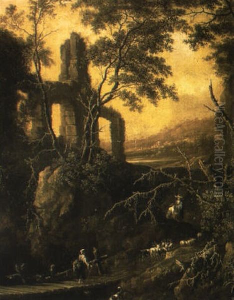 A Rocky Landscape With A Peasant Crossing A Bridge Near A Classical Ruin - view 1