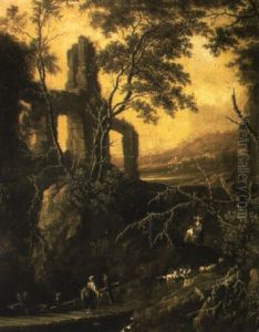 A Rocky Landscape With A Peasant Crossing A Bridge Near A Classical Ruin by Gerard Van Edema
