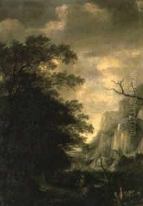 A Mountainous Landscape With A Horseman On A Wooded Path