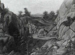 A Drover, His Livestock And Mounted Companion Travelling Along A Mountain Path On Which A Horsedrawn Waggon Ascends A Drover, His Livestock And Mounted Companion Travelling Along A Mountain Path On Which A Horsedrawn Waggon Ascends