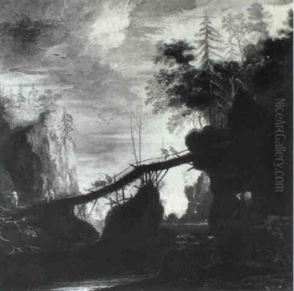 Rocky Wooded River Landscape With Travellers Crossing A Footbridge - view 1