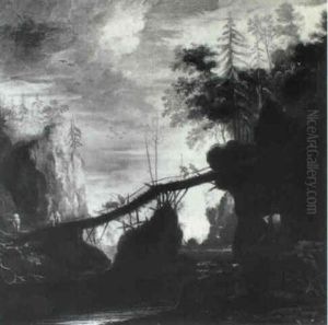 Rocky Wooded River Landscape With Travellers Crossing A Footbridge by Gerard Van Edema