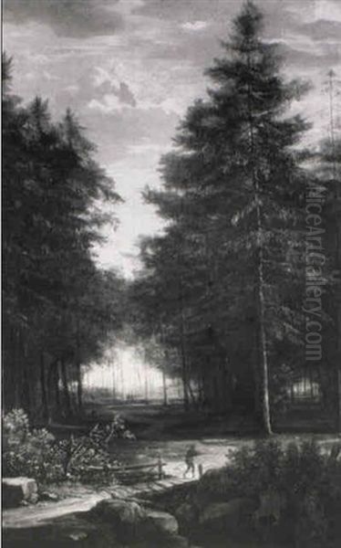 A Forest Clearing With A Woodman Crossing A Bridge - view 1