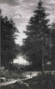 A Forest Clearing With A Woodman Crossing A Bridge