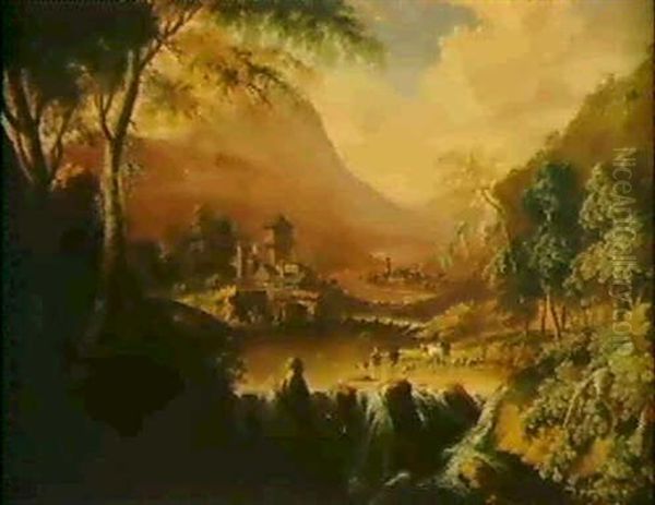 Gebirgslandschaft Mit Einem Dorf An Einem Wasserfall Und Figuren - view 1