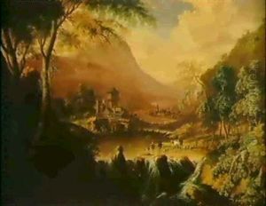 Gebirgslandschaft Mit Einem Dorf An Einem Wasserfall Und    Figuren