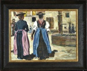 Tiroler Frauen In Tracht In Ruckenansicht Mit Dorfbrunnen by Carl Ederer
