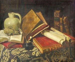 Stilleben Mit Zahlreichen Buchern, Einem Tonkrug Und Einem Tierschadel Auf Einem Tisch Stilleben Mit Zahlreichen Buchern, Einem Tonkrug Und Einem Tierschadel Auf Einem Tisch