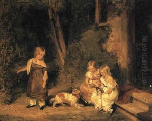 Three Children Of The Cust Family Outside Cottage by Robert Edmonstone