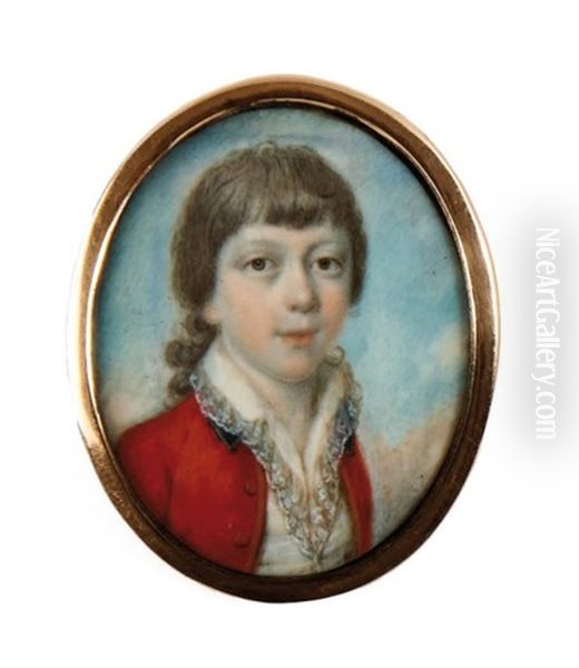 Portrait D'un Jeune Garcon En Habit Rouge Et Chemise Entrouverte Bordee De Dentelle Blanche - view 1