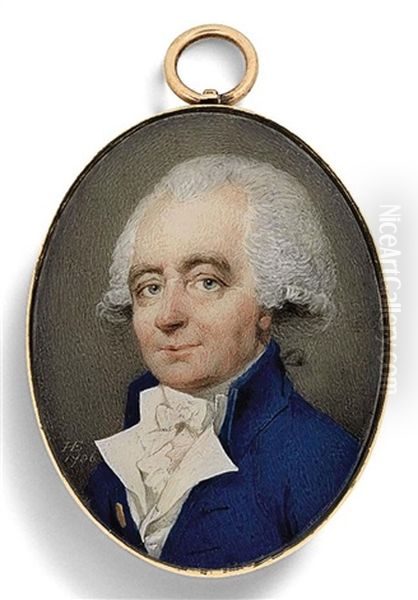 A Gentleman, In Blue Coat With Brass Button, White Waistcoat And Knotted Cravat, Powdered Hair - view 1