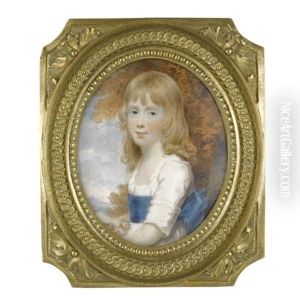 Portrait Of A Young Girl In A White Dress With Blue Sash, Holding Flowers