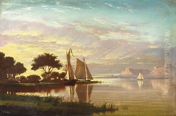 Luminous Sunset With Sailboats - view 1