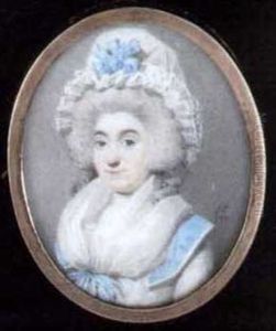 A Young Lady In White Dress With Blue Collar And Striped Ribbon At Corsage, White Fichu And A White Bonent With Blue Ribbon On Her Powdered Hair by Henry Edridge