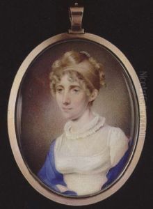 A Lady, Her Blonde Hair Upswept In Curls And With Pearl Comb, Wearing White Dress With Double Ruff Collar And Pink Edged Blue Shawl