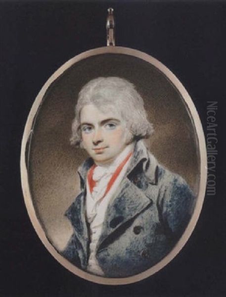 Portrait Of A Young Gentleman With Short Powdered Hair, Wearing Blue-green Coat, White Waistcoat, Red Scarf And Tied White Cravat - view 1
