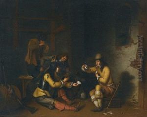Four Soldiers In A Guardroom Smoking, Drinking, And Playing Cards by Gerbrand Van Den Eeckhout