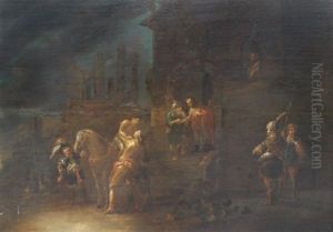 Figurliche Szene - Zwei Soldaten For Einem Haus, Aus Dessen Fenster Ein Mann Schaut, Im Hintergrund Landschaft Mit Ruinen by Gerbrand Van Den Eeckhout