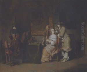 Elegant Company Playing Cards In An Interior, With Half-draped Painting Of Venus And Cupid And A Portrait Of A Lady On The Wall by Gerbrand Van Den Eeckhout
