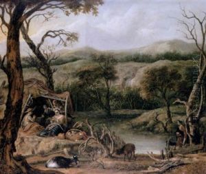 A Scene From A Pastoral Novel (daphnis And Chloe?) With A Wooded River Landscape At Sunset With Goatherds Resting by Gerbrand Van Den Eeckhout