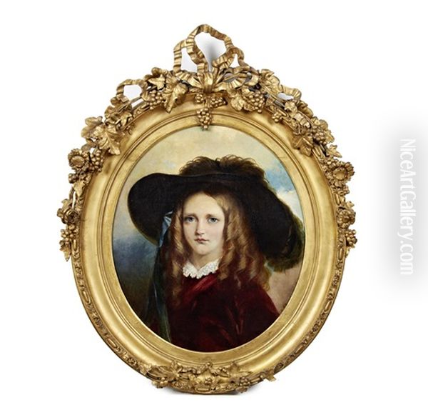 A Portrait Of A Young Girl Wearing Ostrich Feather Bonnet With Blue Ribbon Head And Shoulders - view 1