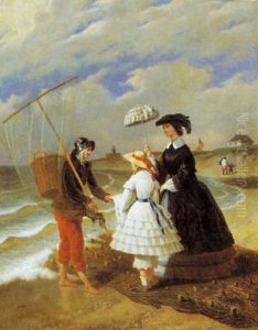 Elegente Dame En Kind Aan Het Strand Met Visser by Jacques Joseph Eeckhout