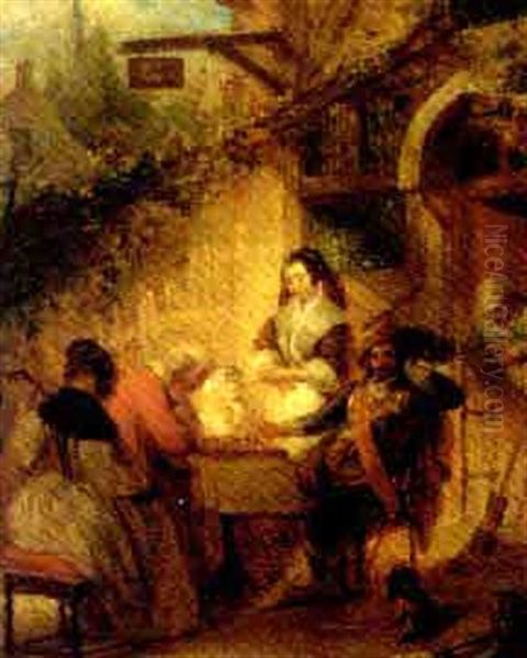 Elegant Figures Playing Chess Outside A Tavern - view 1