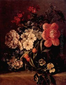 A Still Life With Cherries, Peonies And Violets