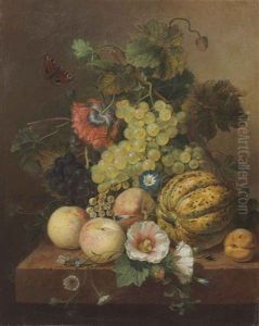 Grapes, Peaches, Melon And An Apricot On A Marble Ledge by Eelke Jelles Eelkema