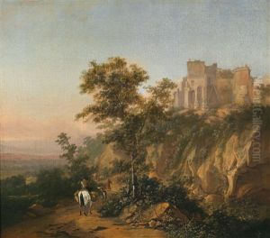 Eine Weite Landschaft Mit Hochgelegener Burg Und Einem Reiter by Adriaen van Eemont