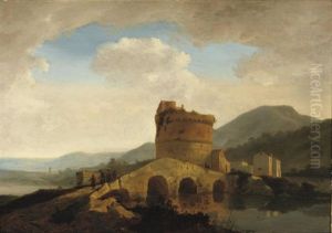 An Italiante River Landscape With The Anio Bridge Near The Memorial Of Plautii by Adriaen van Eemont