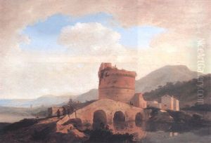 Tomb Of The Plantii On The River Anio, Near Rome With Peasants On A Bridge