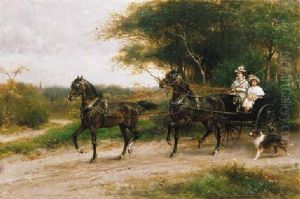A Morning Outing; A Young Girl In A Rally-cart On A Sandy Track With A Collie In The Foreground A Morning Outing; A Young Girl In A Rally-cart On A Sandy Track With A Collie In The Foreground