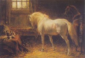 Horses And St. Bernard Puppies In A Stable by Otto Eerelman