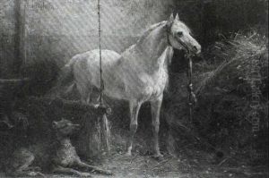 Dappled Grey And Spaniel In A Stable Interior by Otto Eerelman