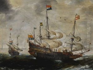 A Four-masted Ship Flying The Flag Of Zeeland, Another Vessel Beyond by Andries Van Eertvelt