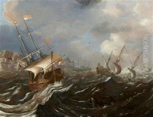 Sailing Ships In Rough Seas by Andries Van Eertvelt