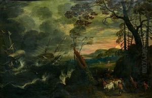 Vista Costera Con Galeones Y Pastores by Andries Van Eertvelt