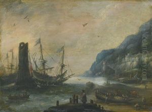 A Mediterranean Coastal Scene With A Tower, Ships, And Figures On The Shore by Andries Van Eertvelt