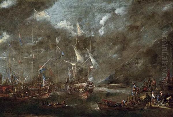 The Holy League's Fleet Lying Off A Harbour, Thought To Be Genoa, Before The Battle Of Lepanto, With Figures Loading Arms And Armour Onto A Boat In The Foreground With A Dignitary Looking On - view 1