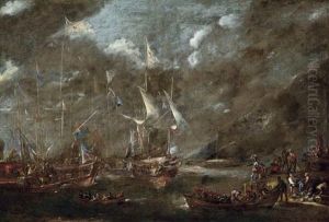 The Holy League's Fleet Lying Off A Harbour, Thought To Be Genoa, Before The Battle Of Lepanto, With Figures Loading Arms And Armour Onto A Boat In The Foreground With A Dignitary Looking On by Andries Van Eertvelt