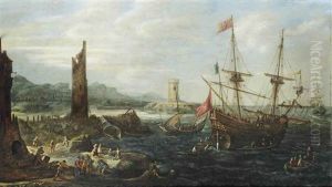 A Coastal Scene With A Warship Flying The Papal Warflag And A Dutch Sloop Before A Harbour Entrance