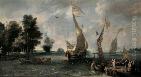 Flussansicht Mit Booten, Einem Anleger Und Figuren - view 1