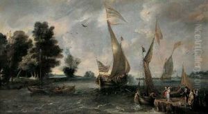 Flussansicht Mit Booten, Einem Anleger Und Figuren by Andries Van Eertvelt