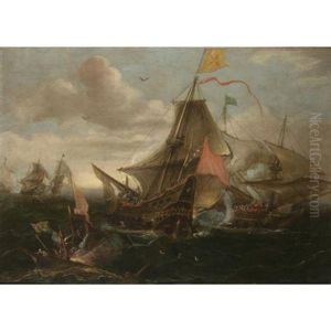 A Naval Engagement Between Spanish Men-o-war And Turkish Galleys In Heavy Seas by Andries Van Eertvelt