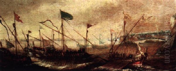 A Flotilla Of Ships Flying The Papal Flag Performing A Ceremony Outside A Mediterranean Harbour - view 1