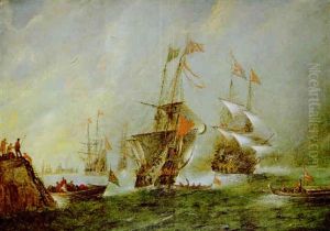 Dreimaster Und Ruderboote Vor Einer Felsigen Kuste by Andries Van Eertvelt